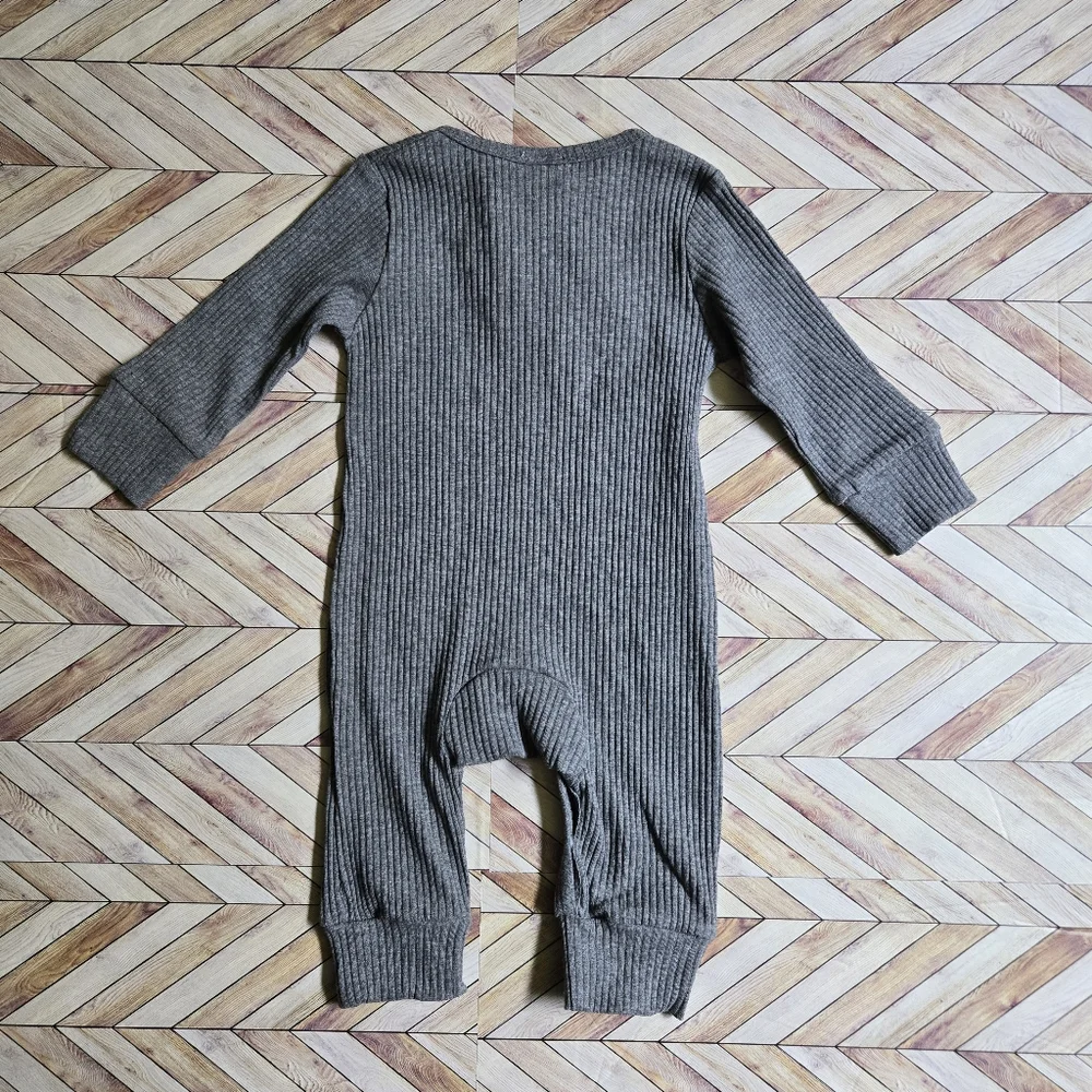 Baby Boy Girl Ribbed Gray Long Sleeve Front Button Jumpsuit Cotton Onepiece 6-9M